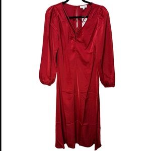 MILA MAE Satin Tie Neck Long Sleeve Midi Dress - Red Rust